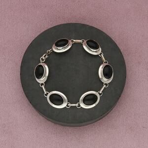navajo sterling silver vintage onyx cabochon link bracelet size 7.75in